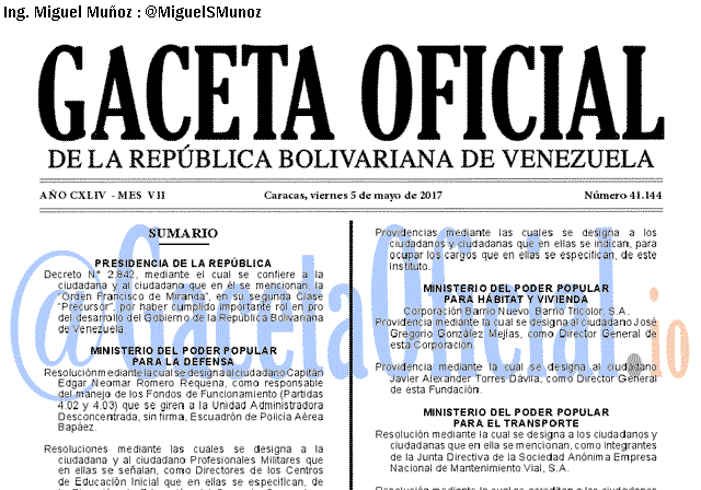 Gaceta Oficial 41144 del 5 mayo 2017