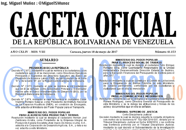 Gaceta Oficial 41153 del 18 mayo 2017