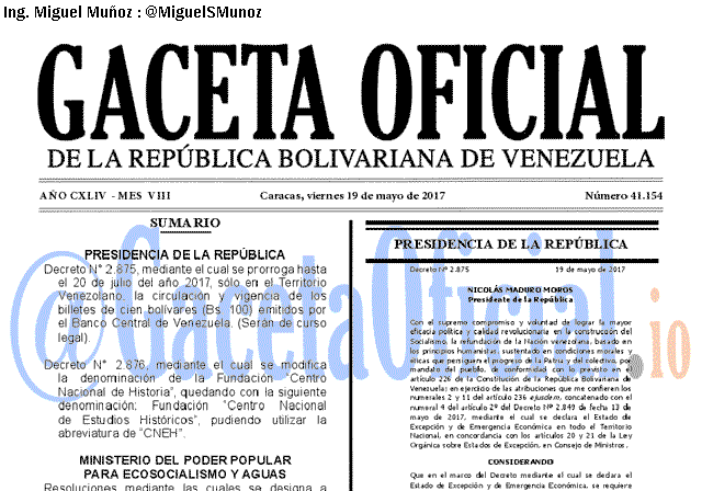 Gaceta Oficial 41154 del 19 mayo 2017