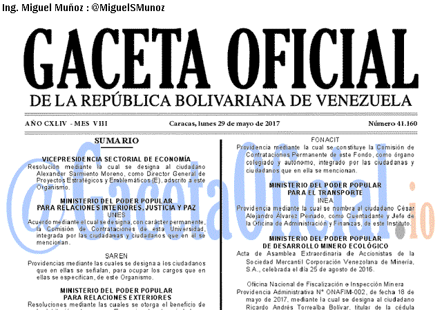Gaceta Oficial 41160 del 29 mayo 2017