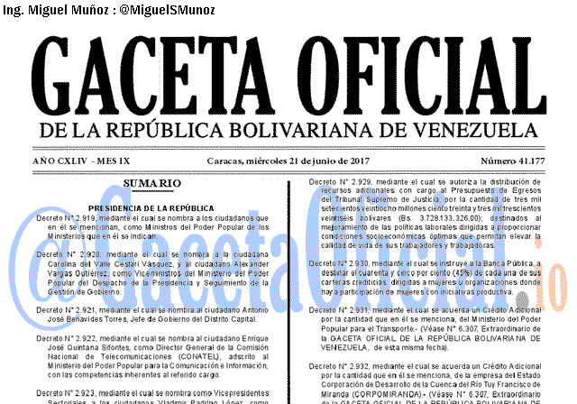 Gaceta Oficial 41177 del 21 junio 2017