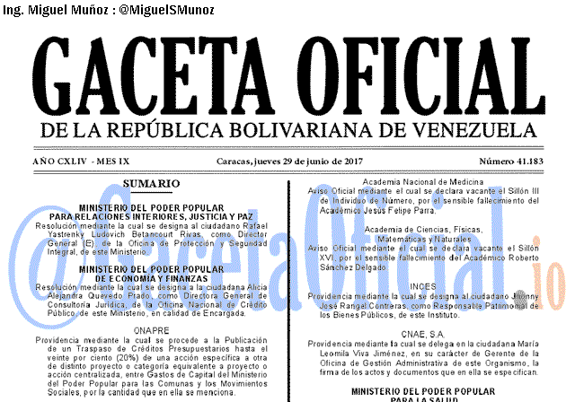 Gaceta Oficial 41183 del 29 junio 2017