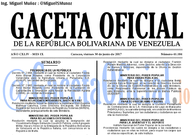 Gaceta Oficial 41184 del 30 junio 2017