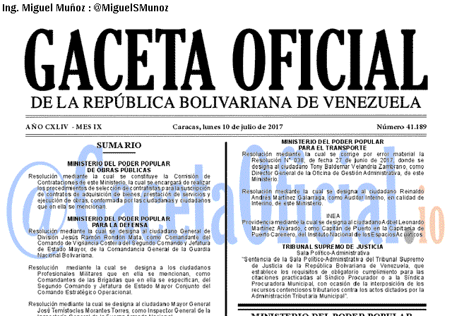 Gaceta Oficial 41189 del 10 julio 2017