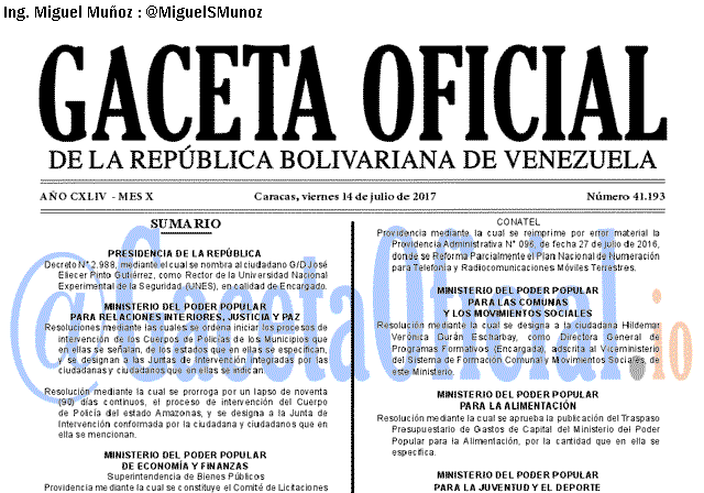 Gaceta Oficial 41193 del 14 julio 2017 Gaceta Oficial 41193 del 14 julio 2017