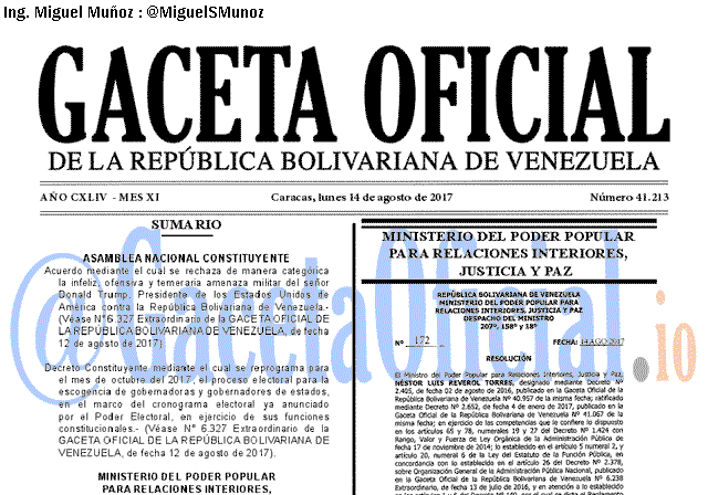 Gaceta Oficial 41213 del 14 agosto 2017 Gaceta Oficial 41213 del 14 agosto 2017