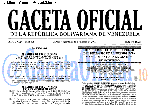 Gaceta Oficial 41215 del 16 agosto 2017 Gaceta Oficial 41215 del 16 agosto 2017