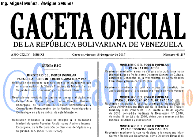 Gaceta Oficial 41217 del 18 agosto 2017 Gaceta Oficial 41217 del 18 agosto 2017