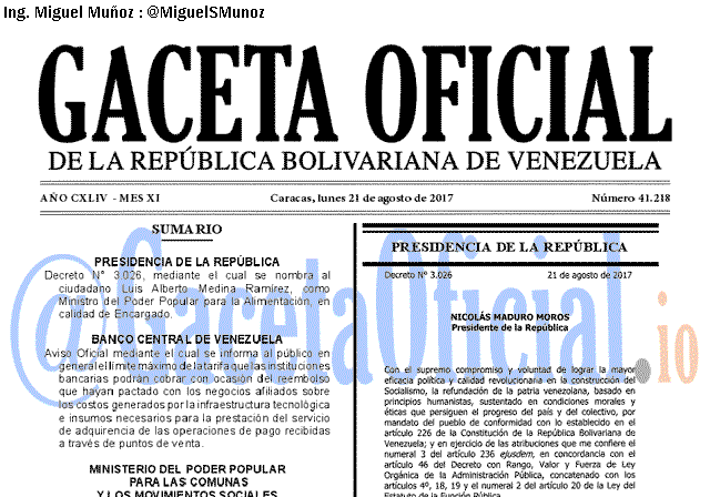 Gaceta Oficial 41218 del 21 agosto 2017 Gaceta Oficial 41218 del 21 agosto 2017