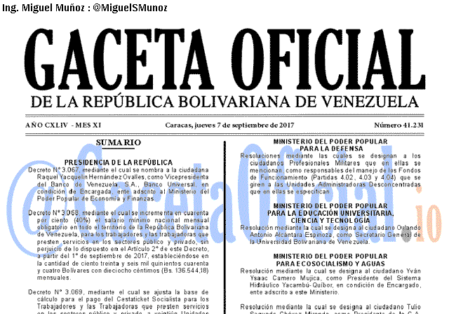 Gaceta Oficial 41231 del 7 septiembre 2017 Gaceta Oficial 41231 del 7 septiembre 2017