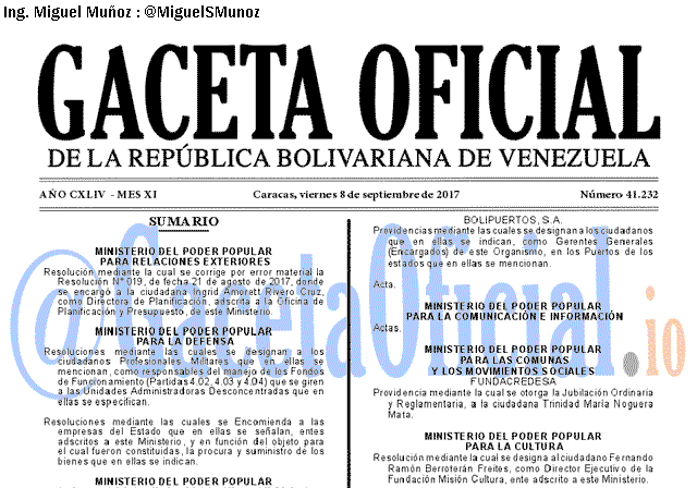 Gaceta Oficial 41232 del 8 septiembre 2017 Gaceta Oficial 41232 del 8 septiembre 2017