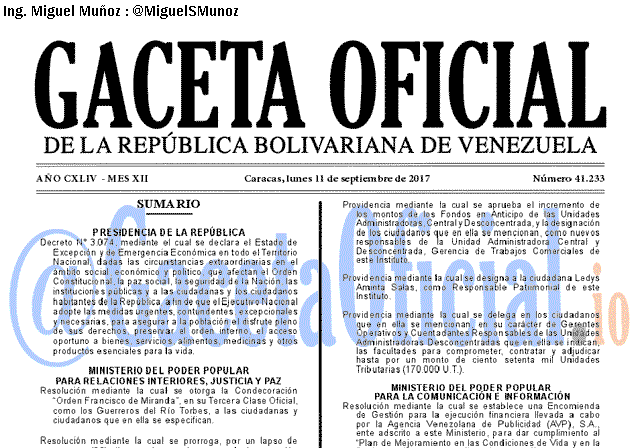 Gaceta Oficial 41233 del 11 septiembre 2017 Gaceta Oficial 41233 del 11 septiembre 2017