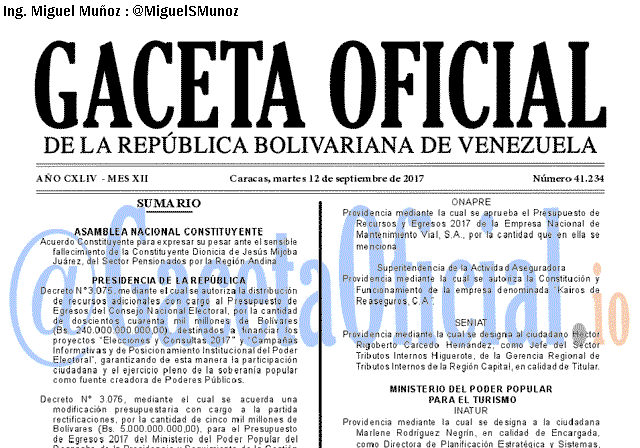 Gaceta Oficial 41234 del 12 septiembre 2017 Gaceta Oficial 41234 del 12 septiembre 2017