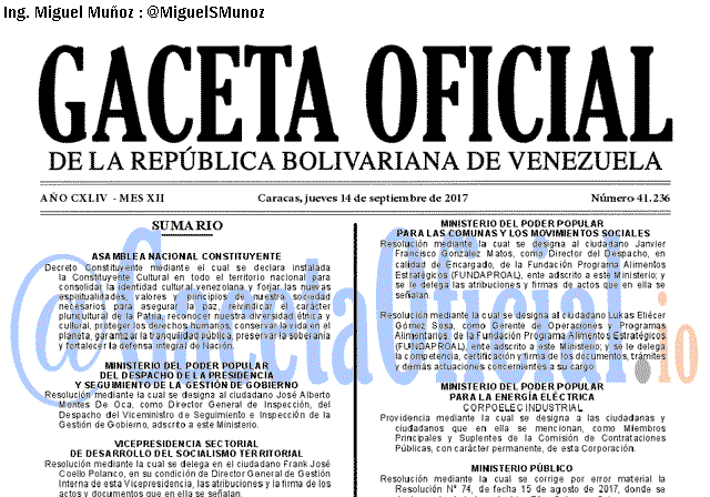 Gaceta Oficial 41236 del 14 septiembre 2017 Gaceta Oficial 41236 del 14 septiembre 2017