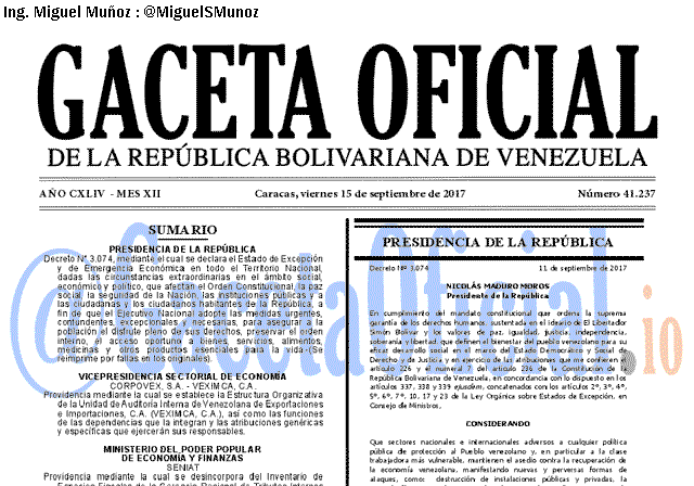 Gaceta Oficial 41237 del 15 septiembre 2017 Gaceta Oficial 41237 del 17 septiembre 2017