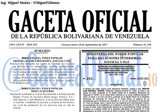 Gaceta Oficial 41238 del 18 septiembre 2017 Gaceta Oficial 41238 del 18 septiembre 2017