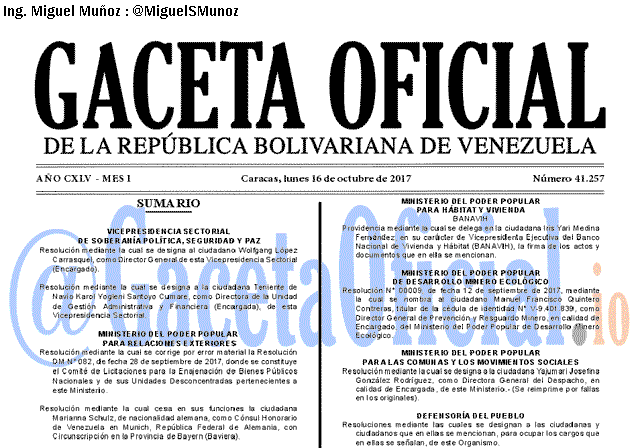 Gaceta Oficial 41257 del 16 octubre 2017