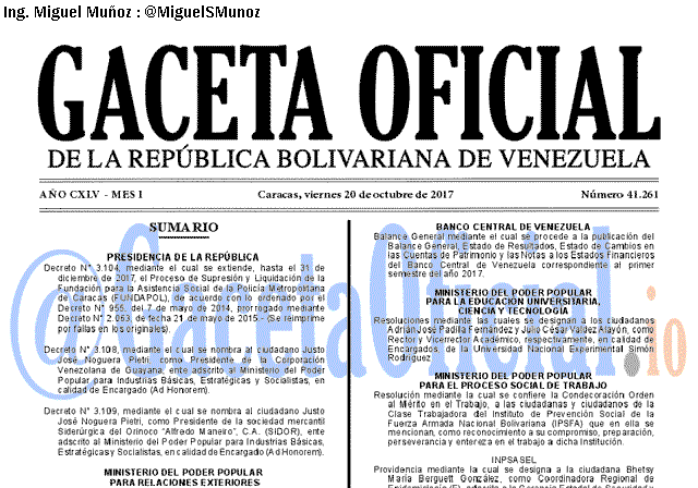 Gaceta Oficial 41261 del 20 octubre 2017