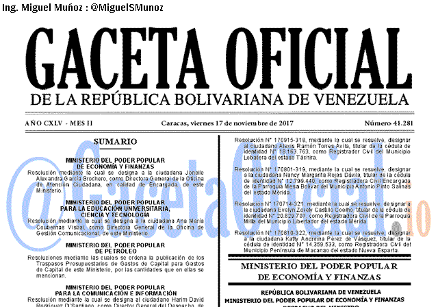 Gaceta Oficial 41281 del 17 noviembre 2017