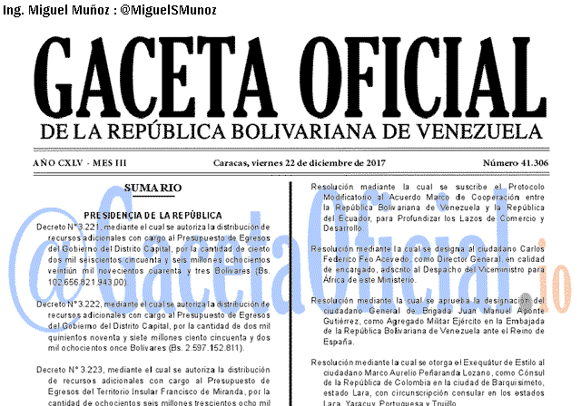 Gaceta Oficial 41306 del 22 diciembre 2017 Gaceta Oficial 41306 del 22 octubre 2017