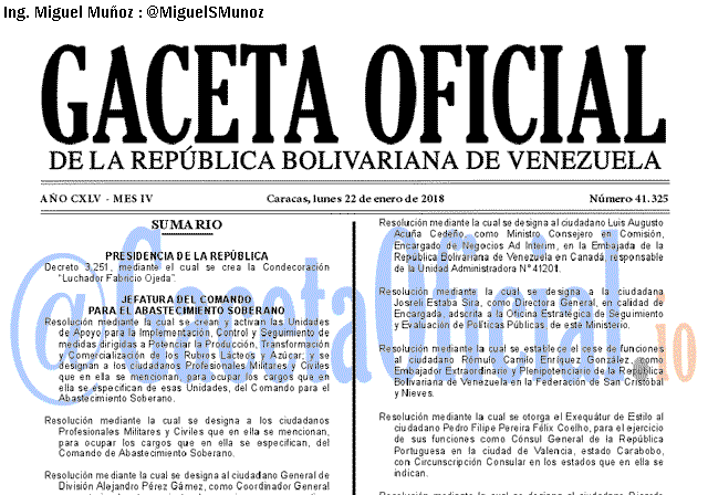 Gaceta Oficial 41325 del 22 enero 2018