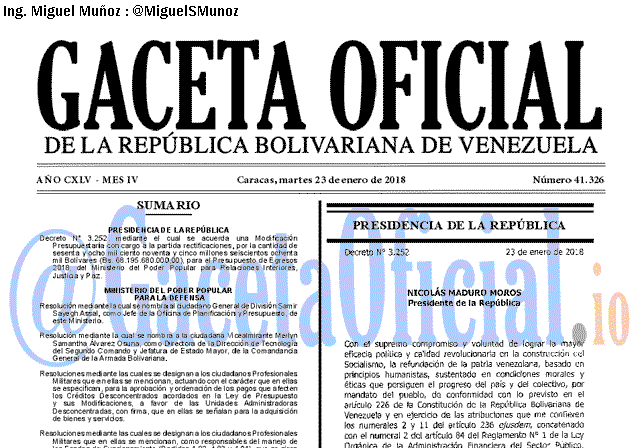 Gaceta Oficial 41326 del 23 enero 2018