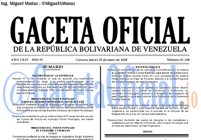 Gaceta Oficial 41328 del 25 enero 2018