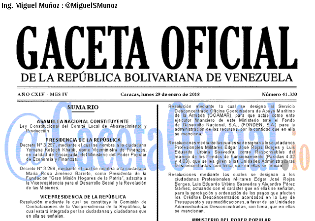 Gaceta Oficial 41330 del 29 enero 2018