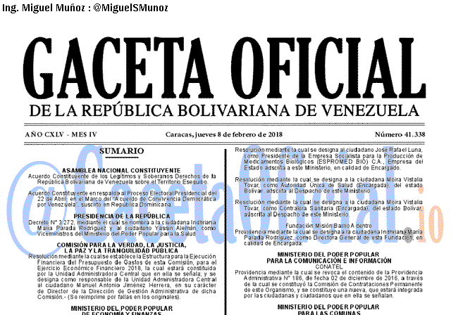 Gaceta Oficial 41338 del 8 Febrero 2018