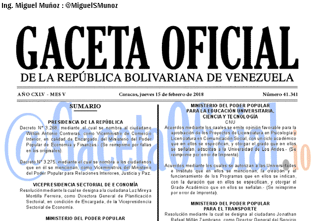 Gaceta Oficial 41341 del 15 Febrero 2018