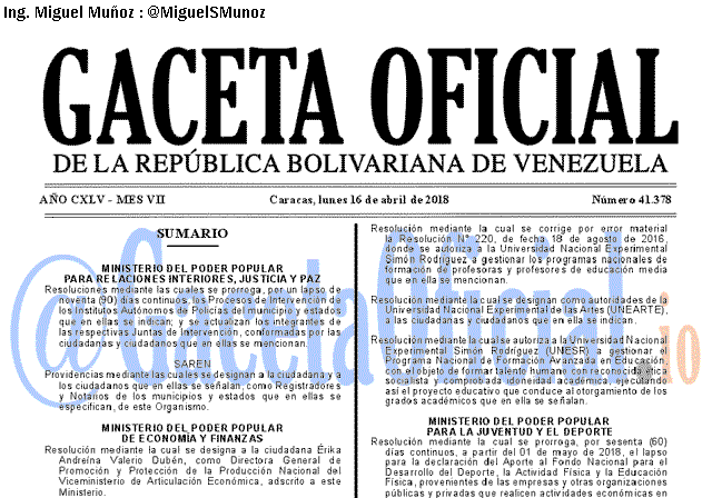 Gaceta Oficial 41378 del 16 abril 2018