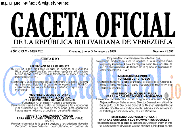 Gaceta Oficial 41389 del 3 mayo 2018