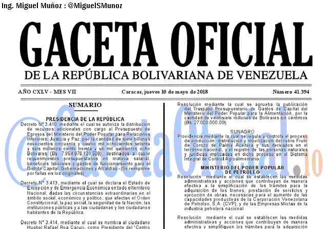 Gaceta Oficial 41394 del 10 mayo 2018