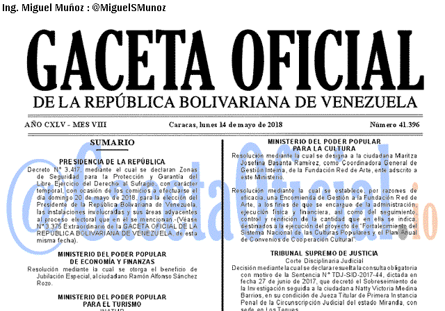 Gaceta Oficial 41396 del 14 mayo 2018