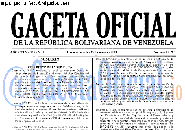 Gaceta Oficial 41397 del 15 mayo 2018