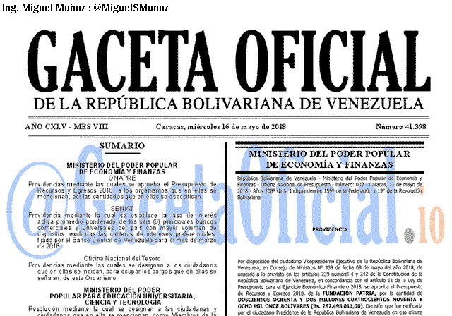Gaceta Oficial 41398 del 16 mayo 2018
