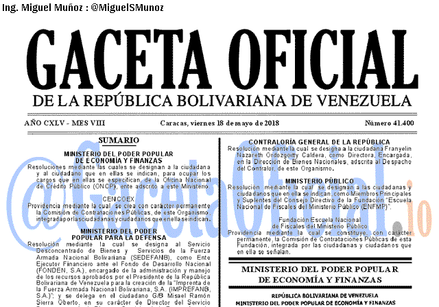 Gaceta Oficial 41400 del 18 mayo 2018
