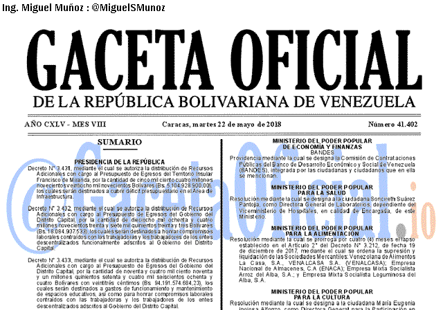 Gaceta Oficial 41402 del 22 mayo 2018
