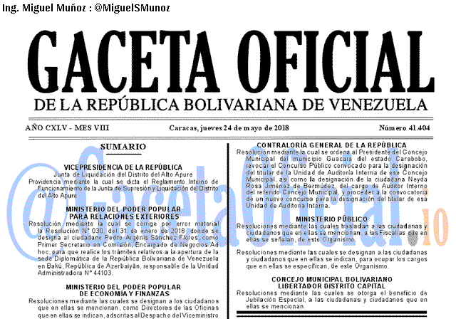 Gaceta Oficial 41404 del 24 mayo 2018