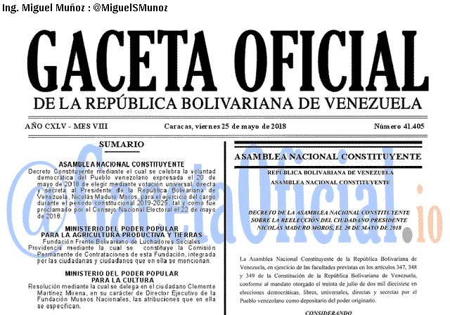 Gaceta Oficial 41405 del 25 mayo 2018