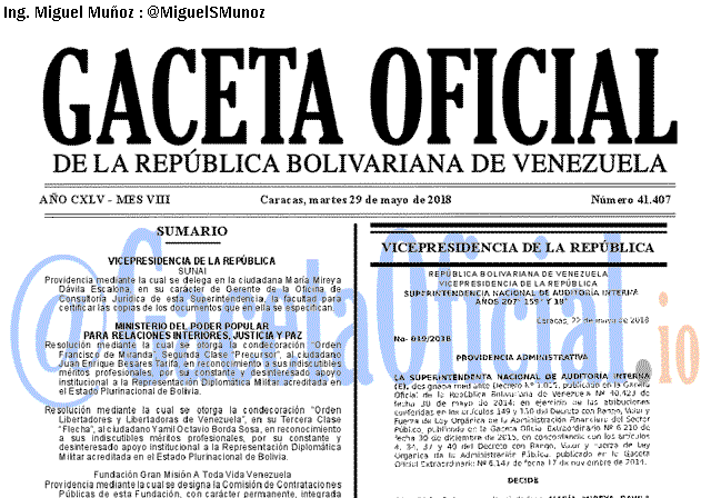 Gaceta Oficial 41407 del 29 mayo 2018