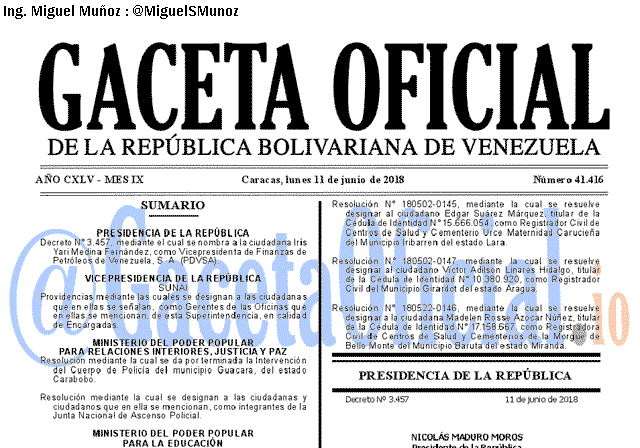 Gaceta Oficial 41416 del 11 junio 2018