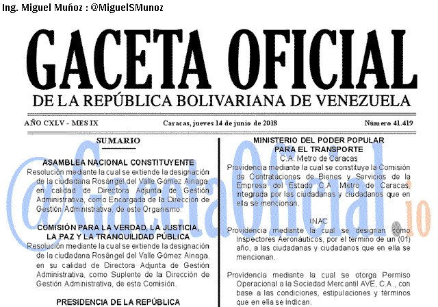 Gaceta Oficial 41419 del 14 junio 2018