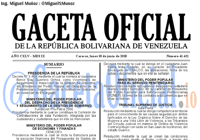 Gaceta Oficial 41421 del 18 junio 2018