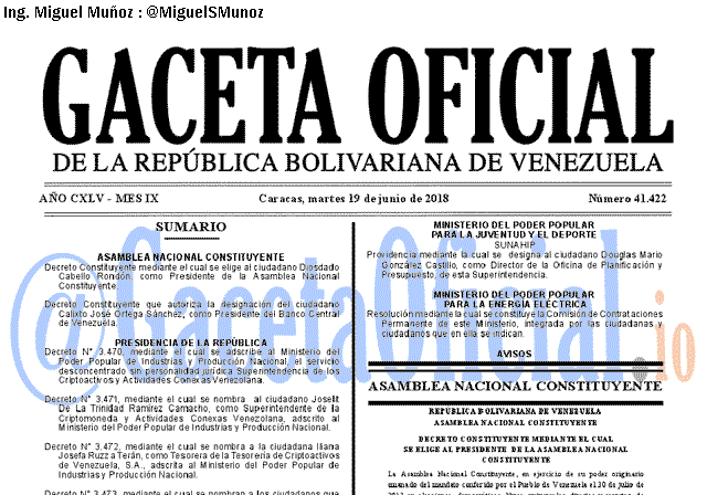 Gaceta Oficial 41422 del 19 junio 2018