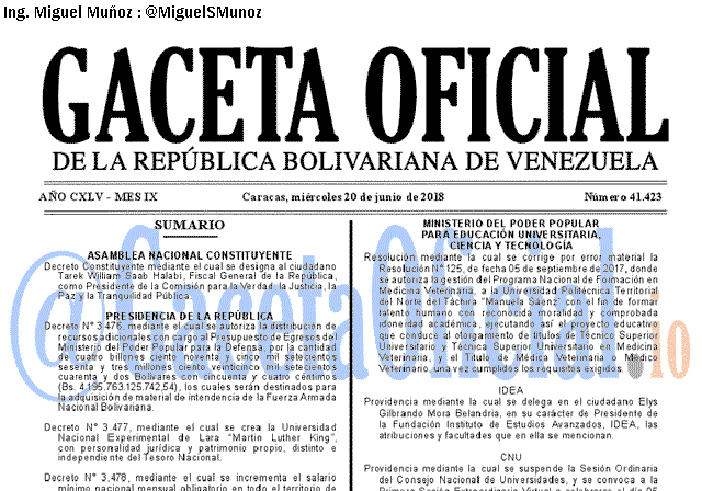 Gaceta Oficial 41423 del 20 junio 2018