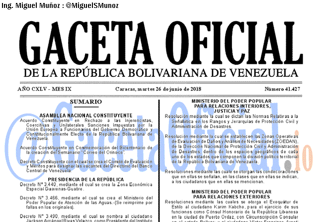 Gaceta Oficial 41427 del 26 junio 2018