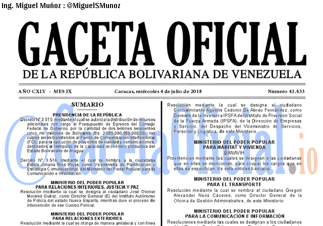 Gaceta Oficial 41433 del 4 julio 2018