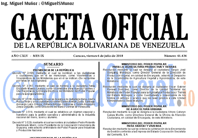 Gaceta Oficial 41434 del 6 julio 2018