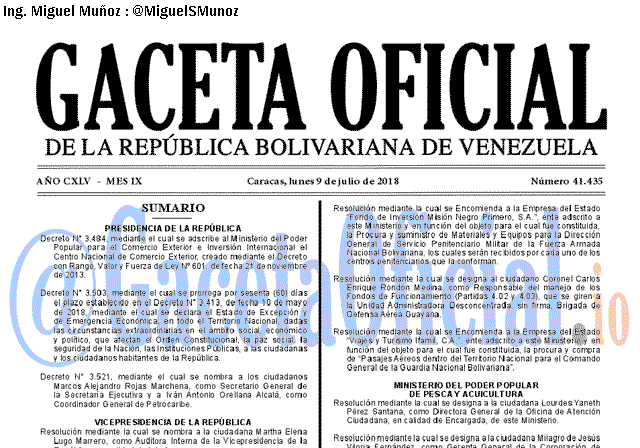 Gaceta Oficial 41435 del 9 julio 2018